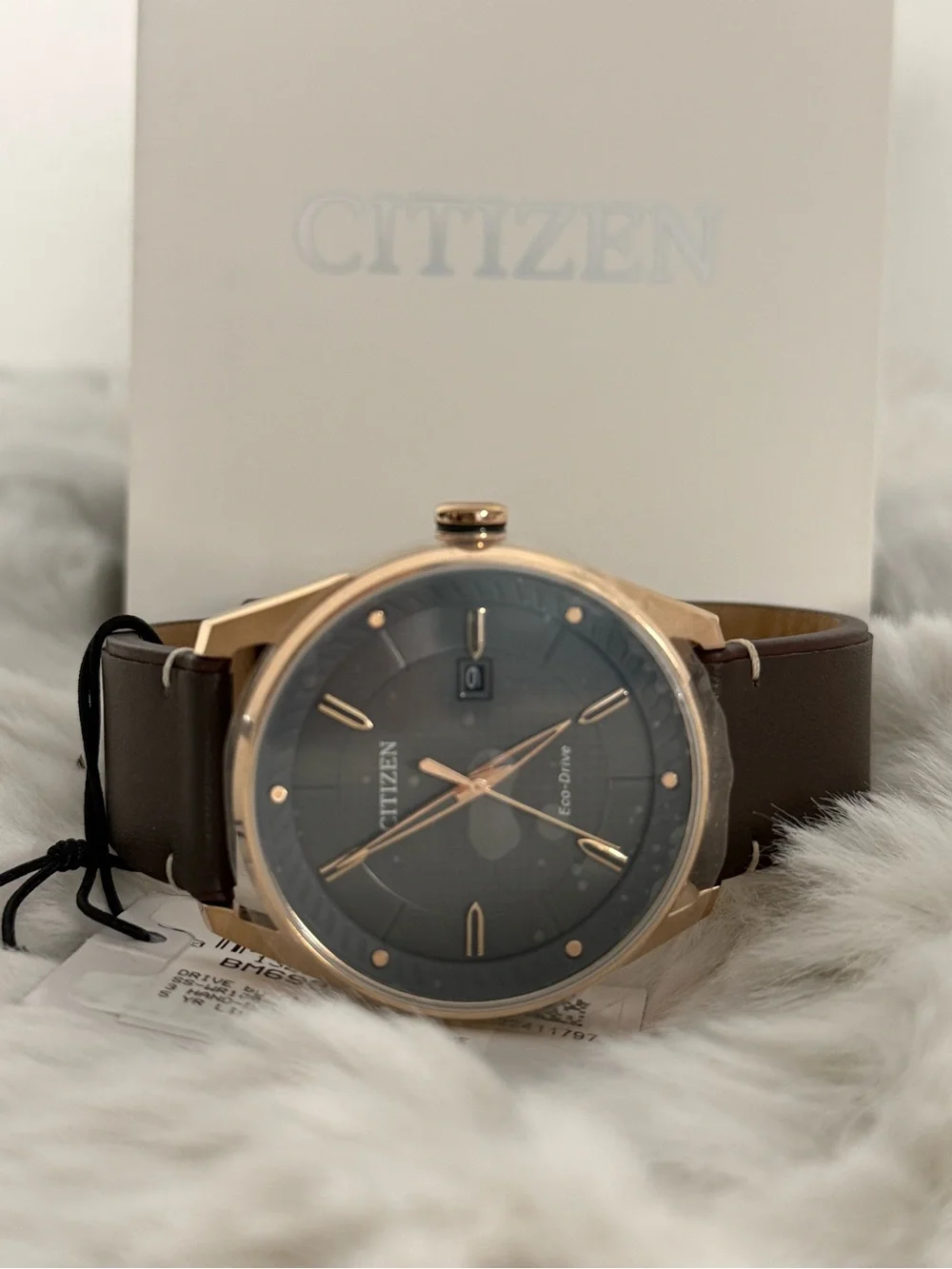 Citizen Eco-Drive Men’s Watch BM6983-00H Rose Gold Gray Dial NWT Box